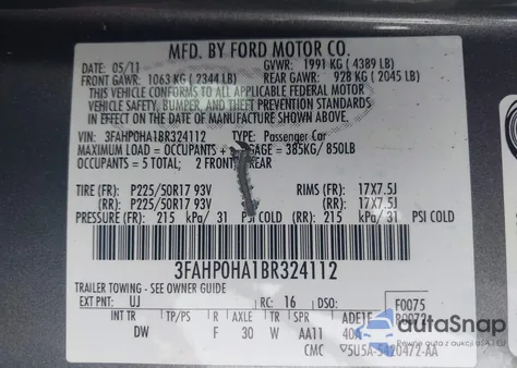 2011 Ford Fusion Se z USA, uszkodzony, nr VIN 3FAHP0HA1BR324112